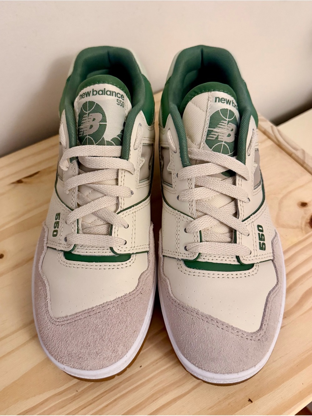 New Balance 550 Cream and Green Athletic Shoes